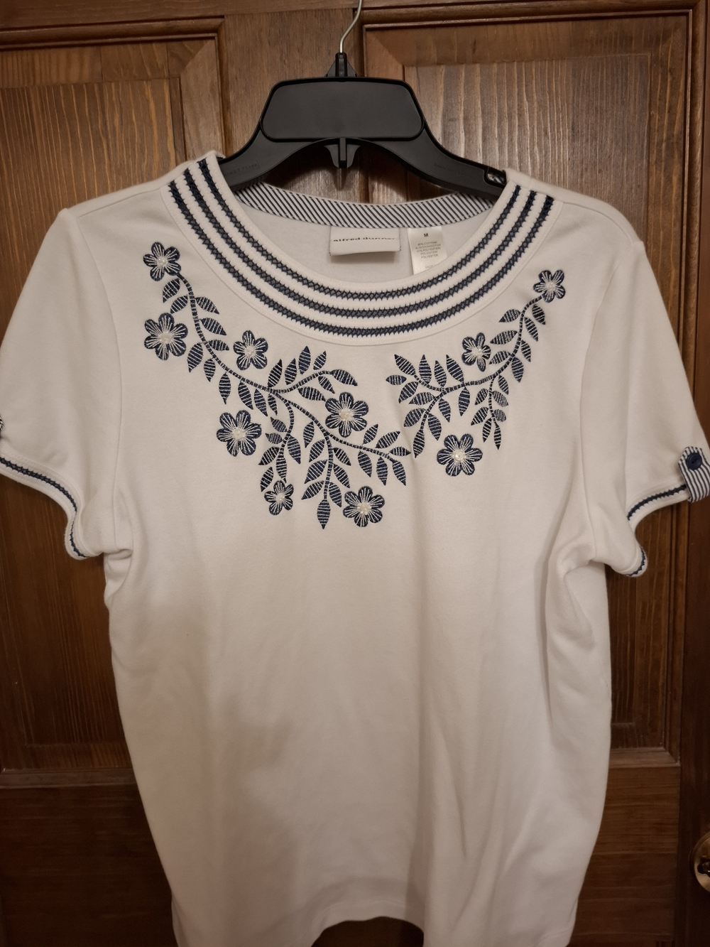 Alfred Dunner White Short Sleeve Top with Navy Floral Embroidery